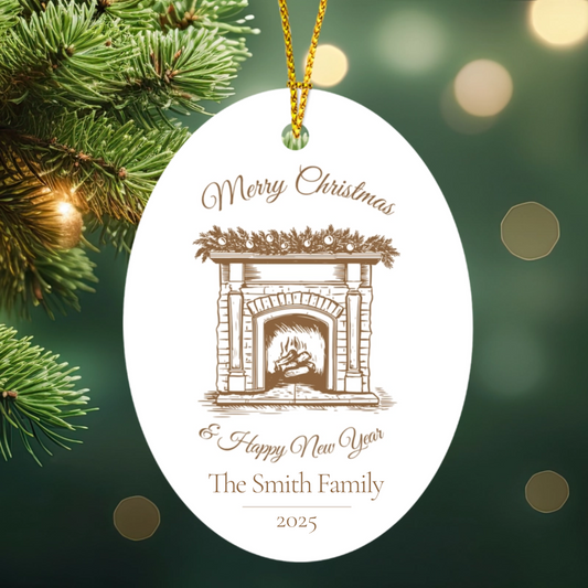 Decorative Christmas ornament with fireplace illustration and personalized text on a green background.