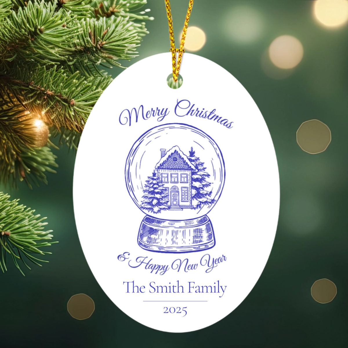 Decorative Christmas ornament with snow globe design and personalized text, hanging on a tree.