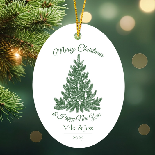 Christmas ornament with tree design and personalized text on a green background