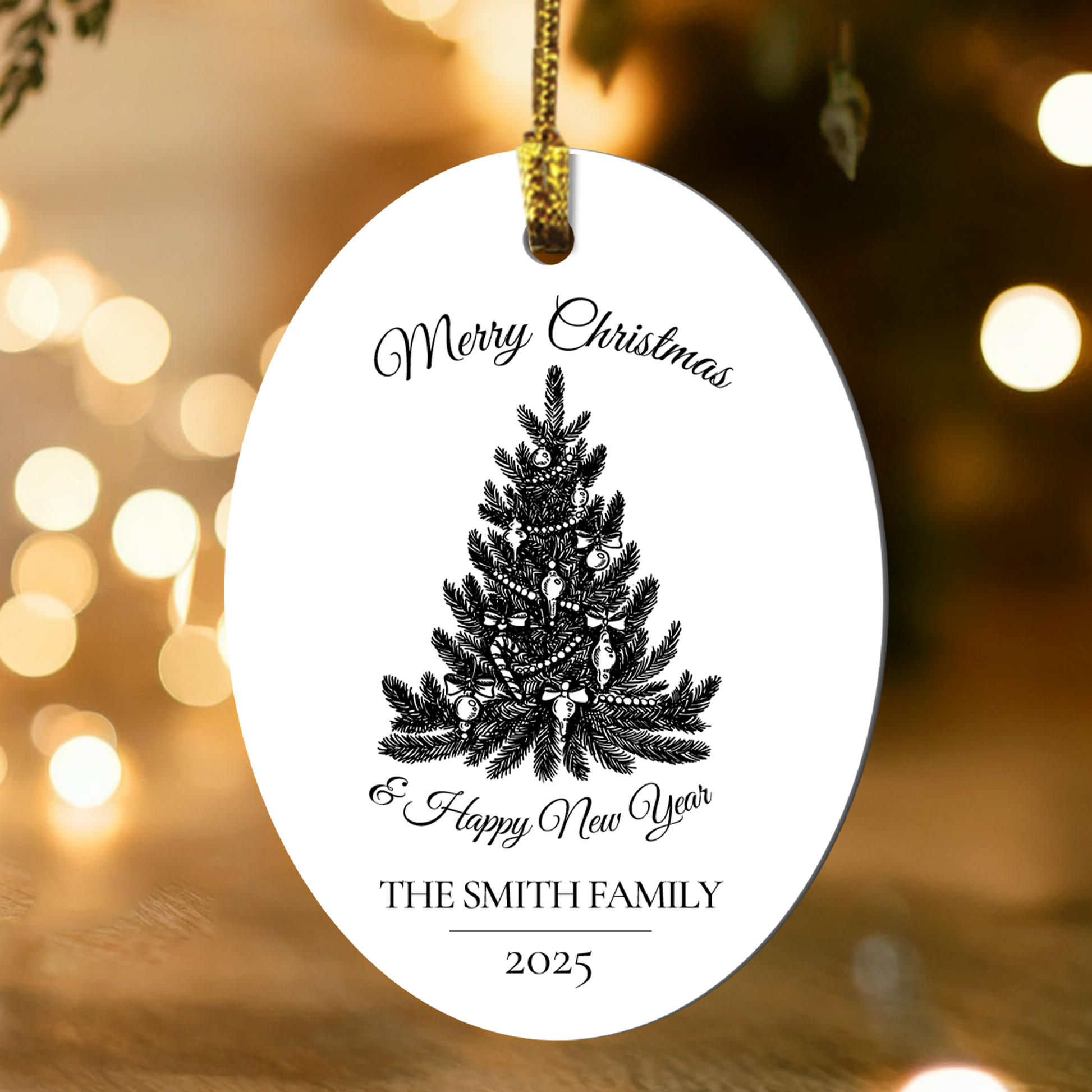 Decorative Christmas ornament with tree design and text, hanging against a festive background with lights.