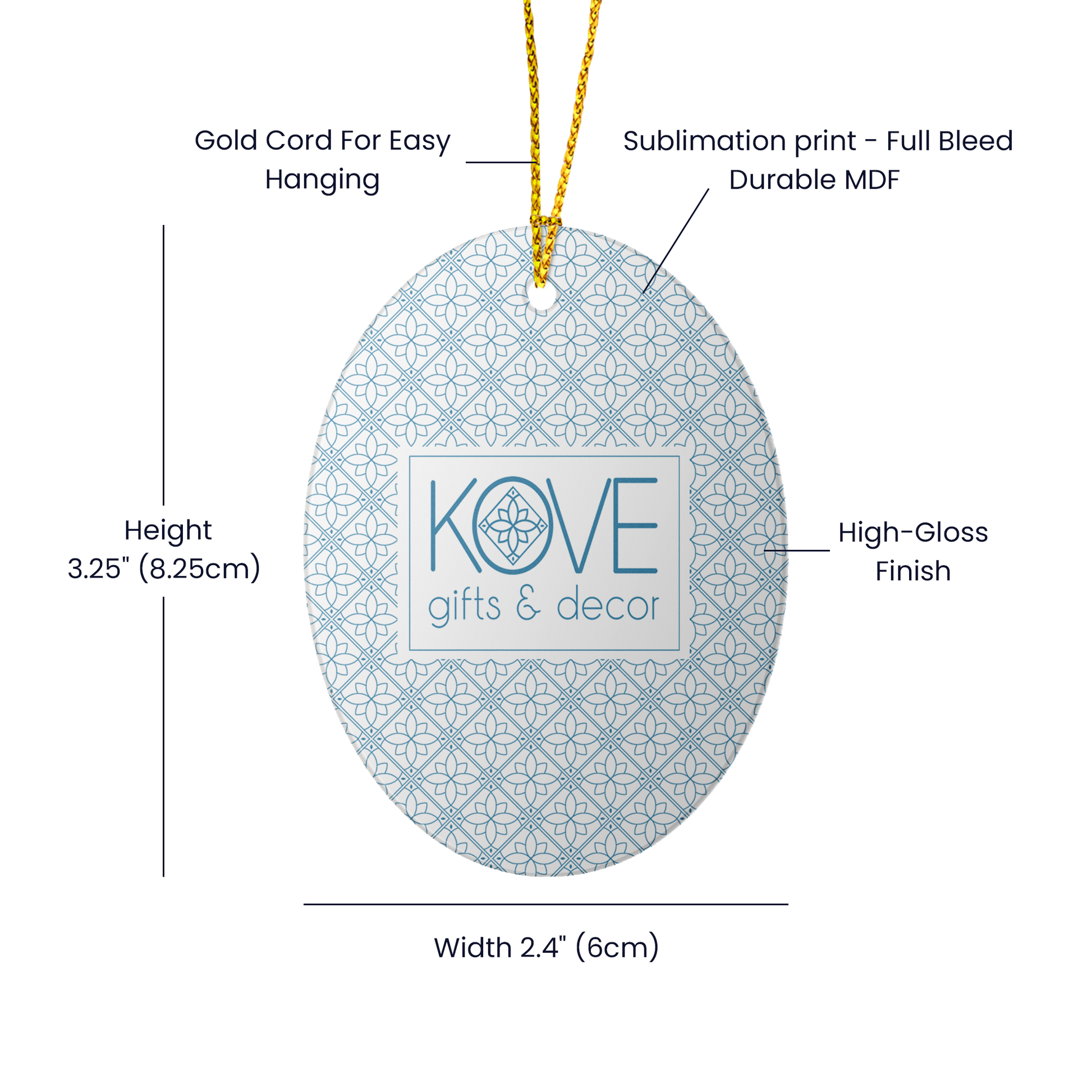 Decorative ornament with Kove logo and specifications on a white background