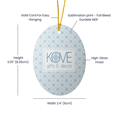 Decorative ornament with Kove logo and specifications on a white background