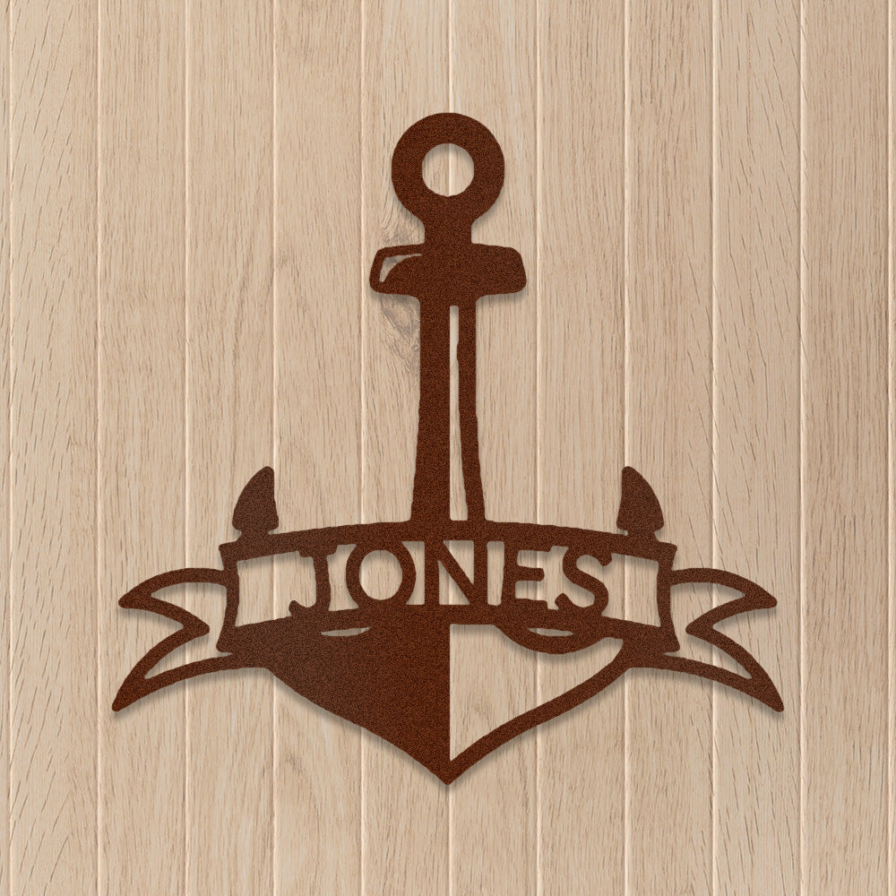 Copper Fancy Anchor Banner Personalized Metal Decor displayed on a neutral timber wall