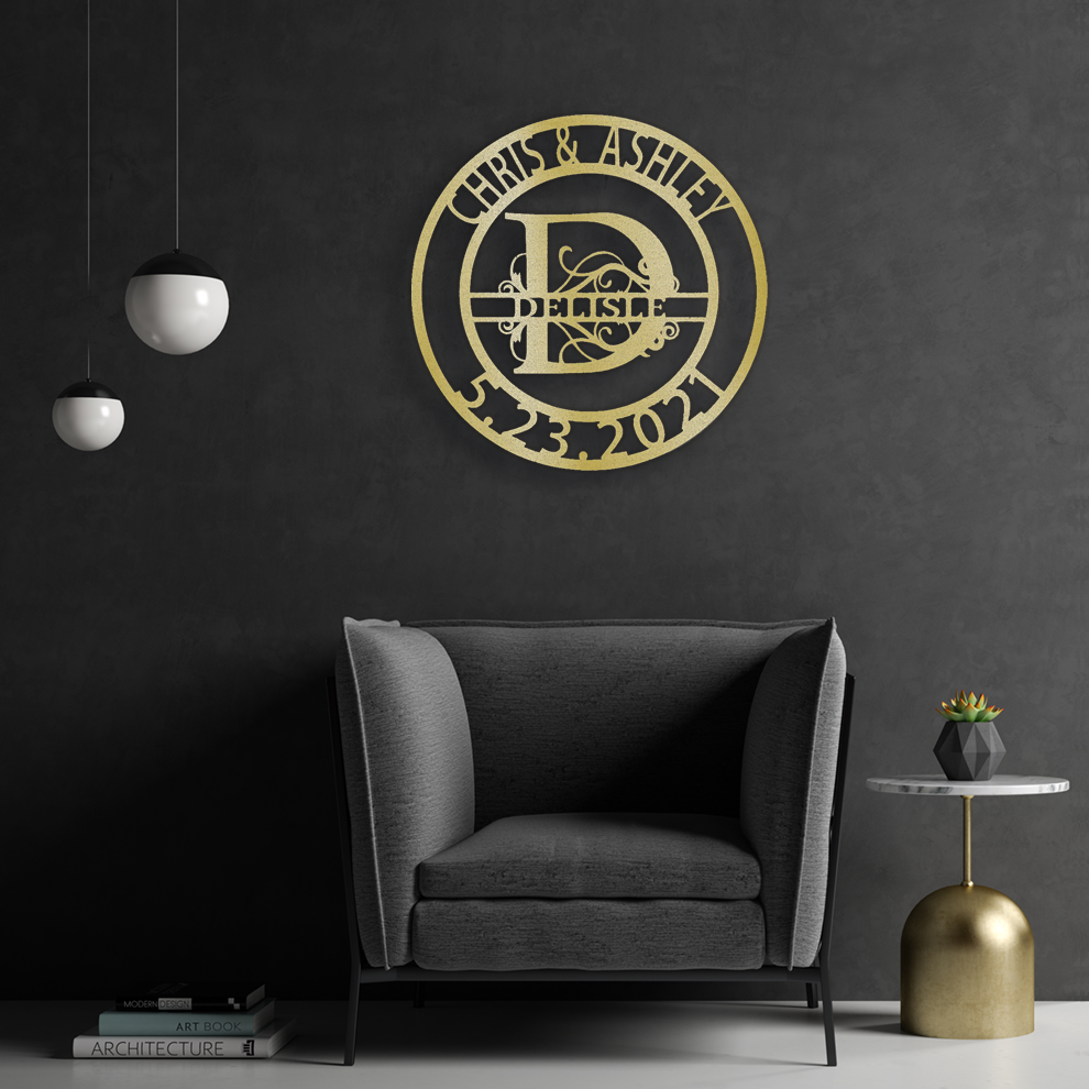 Gold Fanciful Monogram Personalized Metal Decor featured on a dark wall over a stylish chair in a modern home