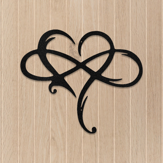 Black Heart Infinity Metal Decor displayed on a neutral timber wall