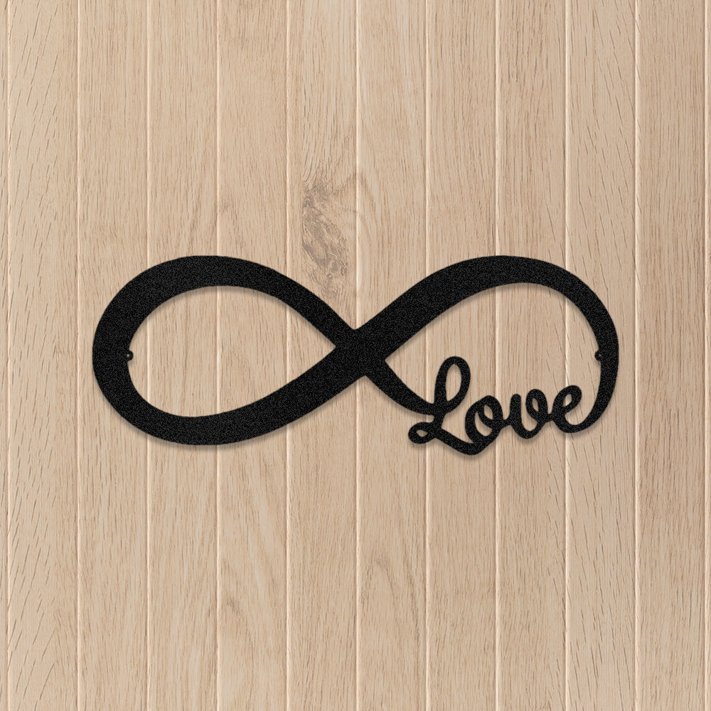 Infinite Love Metal Decor piece displayed in Black on a neutral timber wall.