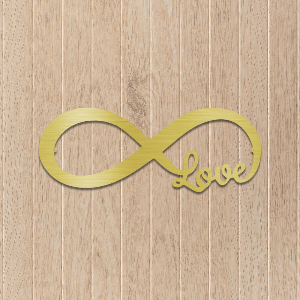 Infinite Love Metal Decor piece displayed in Gold on a neutral timber wall.