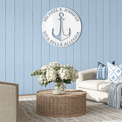 Bold Anchor Plaque Personalize Metal Decor personalized with a couples names and a fun nautical phrase and displayed in Copper on a soft blue timber wall in a modern home.