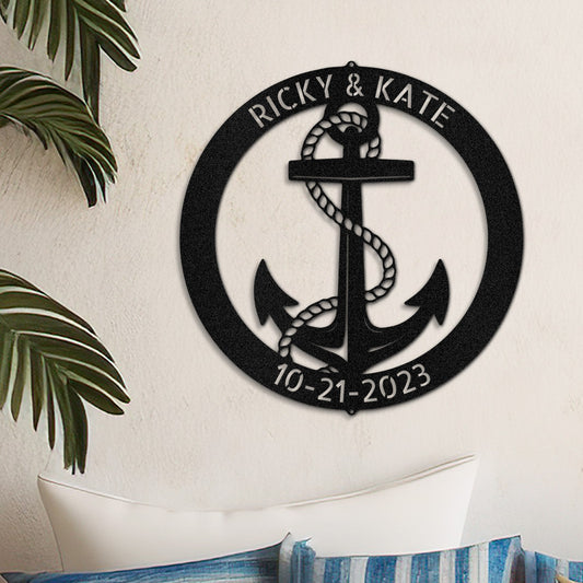 Bold Anchor Ring Personalize Metal Decor personalized with a couples names and special date displayed in Black on neutral wall in a modern home.