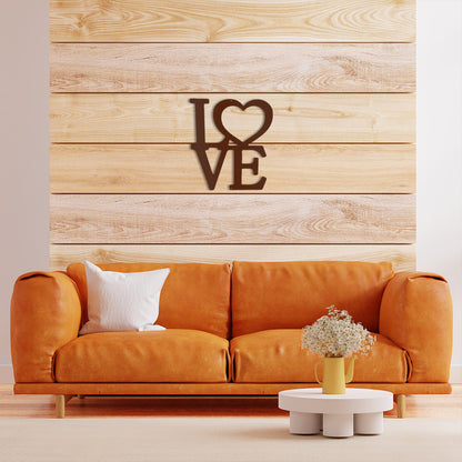 Classic Love Metal Decor displayed in Copper on a modern timber feature wall above an orange sofa in modern home.