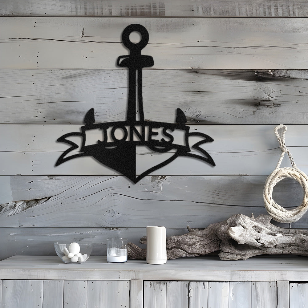 Black Fancy Anchor Banner Personalized Metal Decor featured on a grey toned timber wall over nautical themed decor