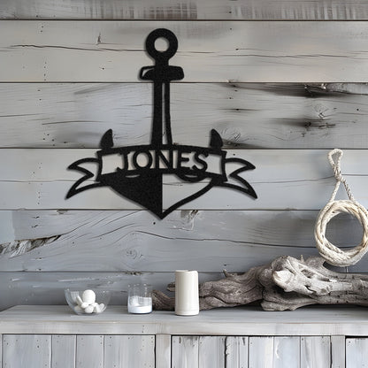 Black Fancy Anchor Banner Personalized Metal Decor featured on a grey toned timber wall over nautical themed decor