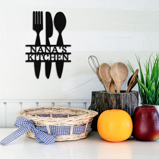 Black Kitchen Utensil Personalized Metal Decor featured on a white wall in a country kitchen