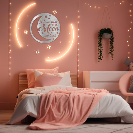 Silver To The Moon and Back Metal Decor featured on a pretty pink bedroom wall