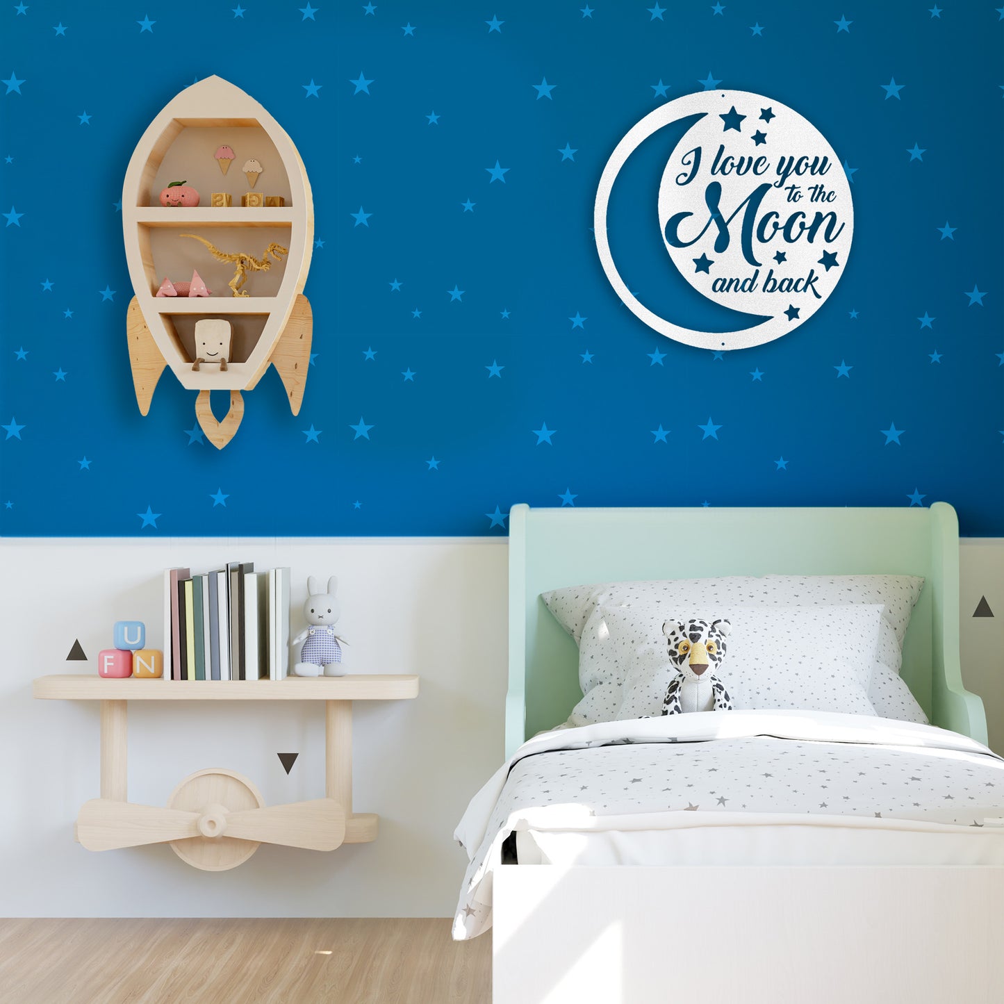 White To The Moon and Back Metal Decor featured on a space themed bedroom wall