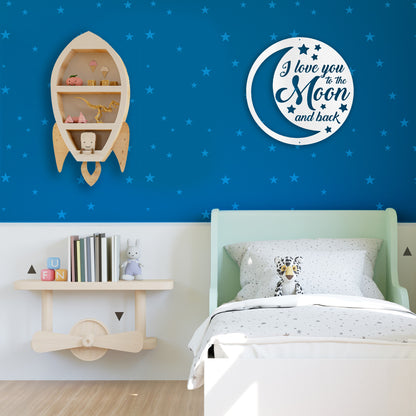 White To The Moon and Back Metal Decor featured on a space themed bedroom wall