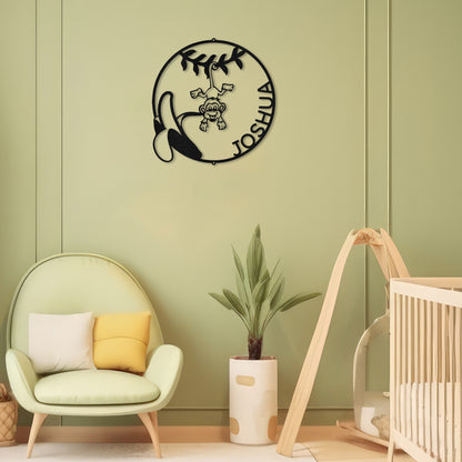 Black Our Little Monkey Personalized Metal Decor featured on an olive green wall in a modern nursery