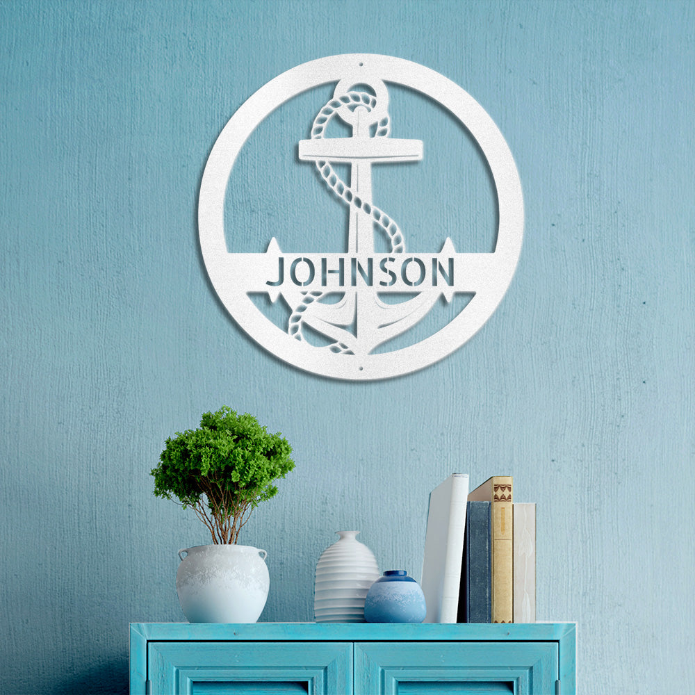 White Simplicity Anchor Ring Personalized Metal Decor featured on a textured blue wall