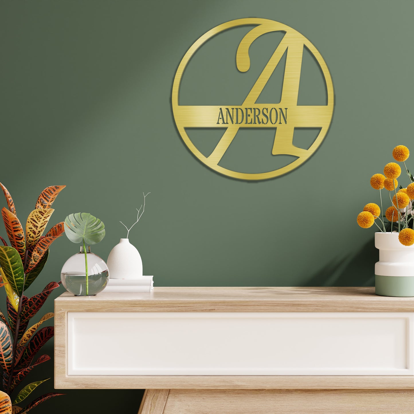 Gold Simplicity Monogram Personalized Metal Decor featured on a forest green wall over a stylish side in a modern home.table