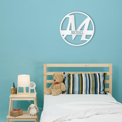 White Simplicity Monogram Name Metal Sign fitted to the wall in a child's light blue bedroom