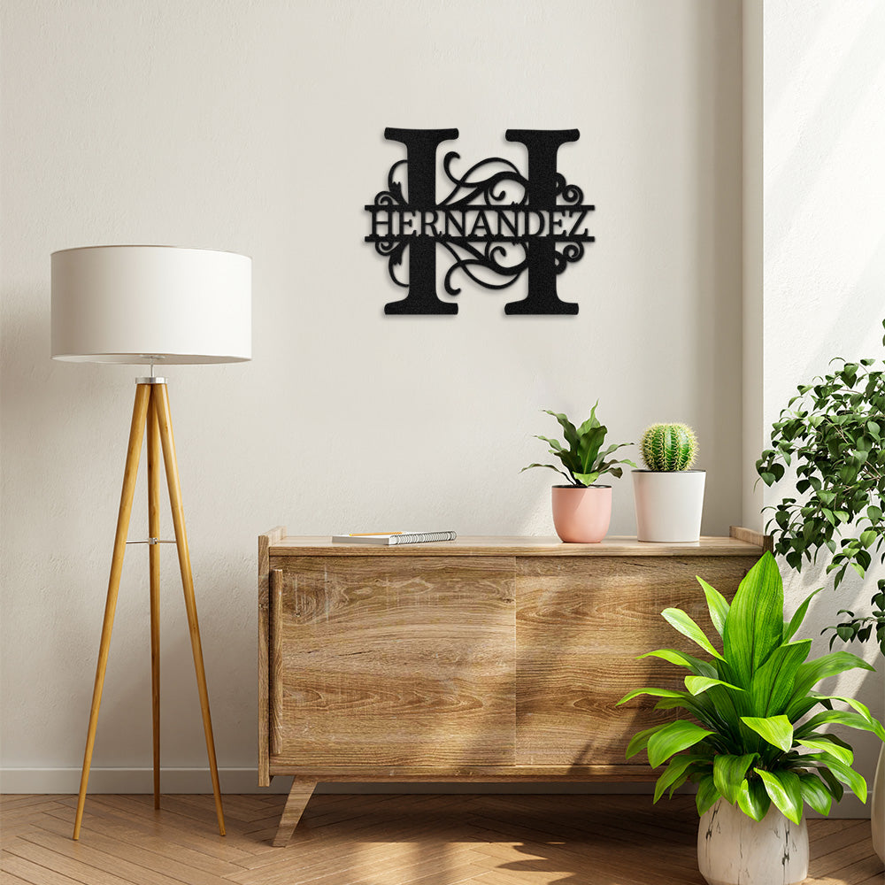 Black Split Letter Monogram Personalized Metal Decor featured on a neutral colored wall in a modern home