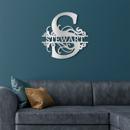 Silver Split Letter Monogram Personalized Metal Decor featured on a deep teal wall above in a modern lounge room