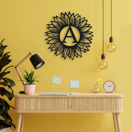 Black Sunflower Monogram Personalized Metal Decor featured on a bright yellow wall in a modern study area