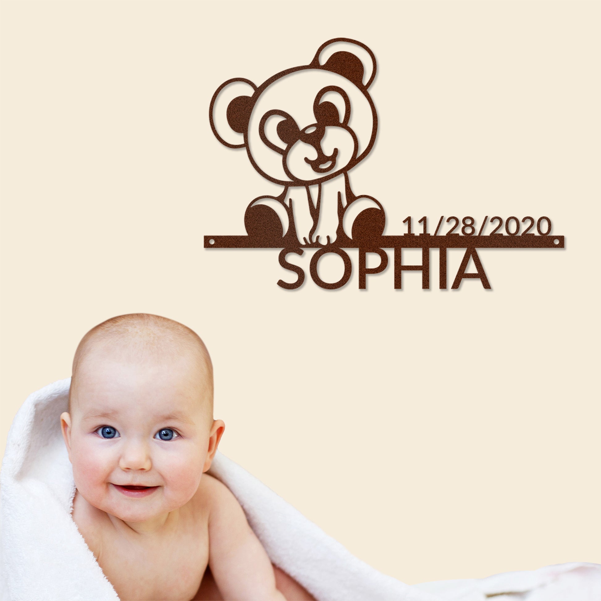 Copper Teddy Bear Personalized Metal Decor  featured on a neutral wall with a beautiful baby in the foreground