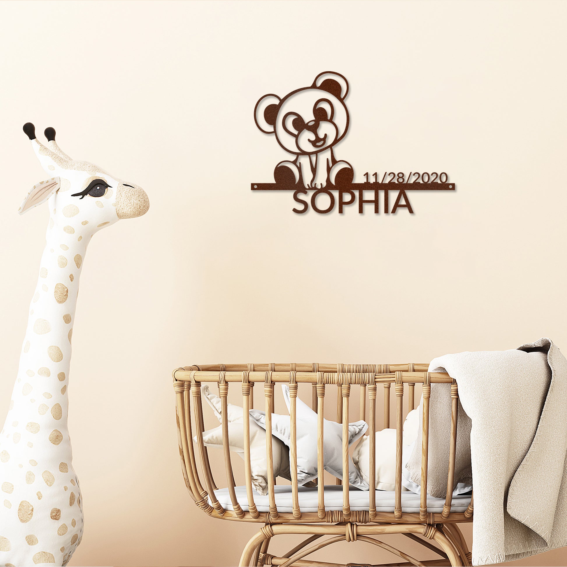 Copper Teddy Bear Personalized Metal Decor featured on the wall of a modern nursery in neutral tones