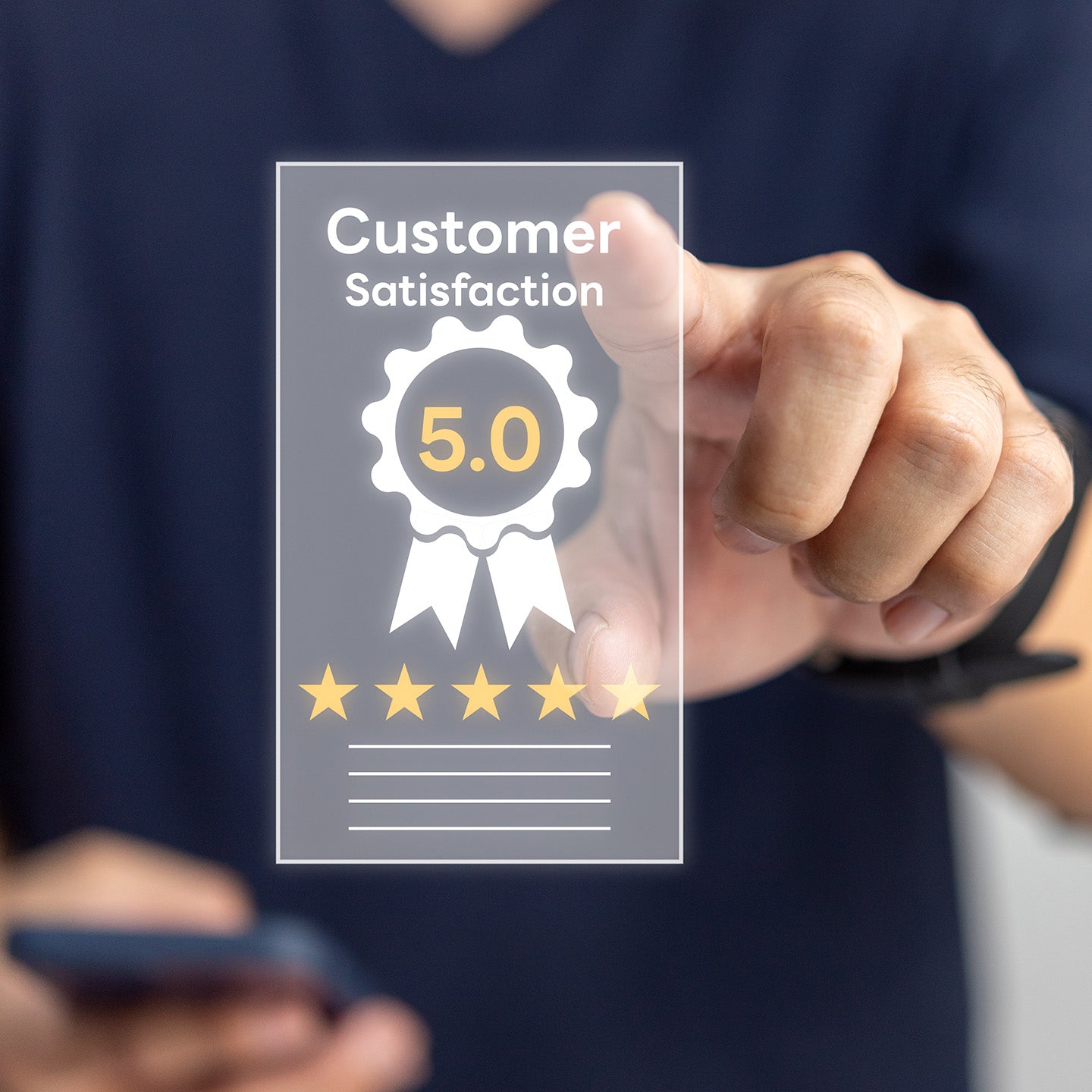 Hand interacting with a digital display of customer satisfaction rating on a screen.